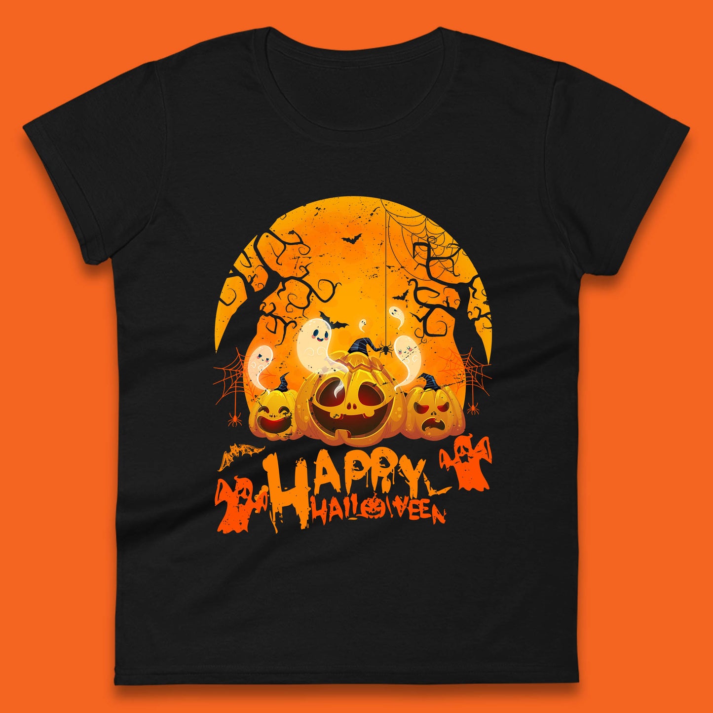 Happy Halloween Jack O Lantern Pumpkins Scary Boo Ghost Haunted Trees Womens Tee Top