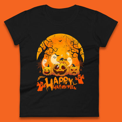 Happy Halloween Jack O Lantern Pumpkins Scary Boo Ghost Haunted Trees Womens Tee Top