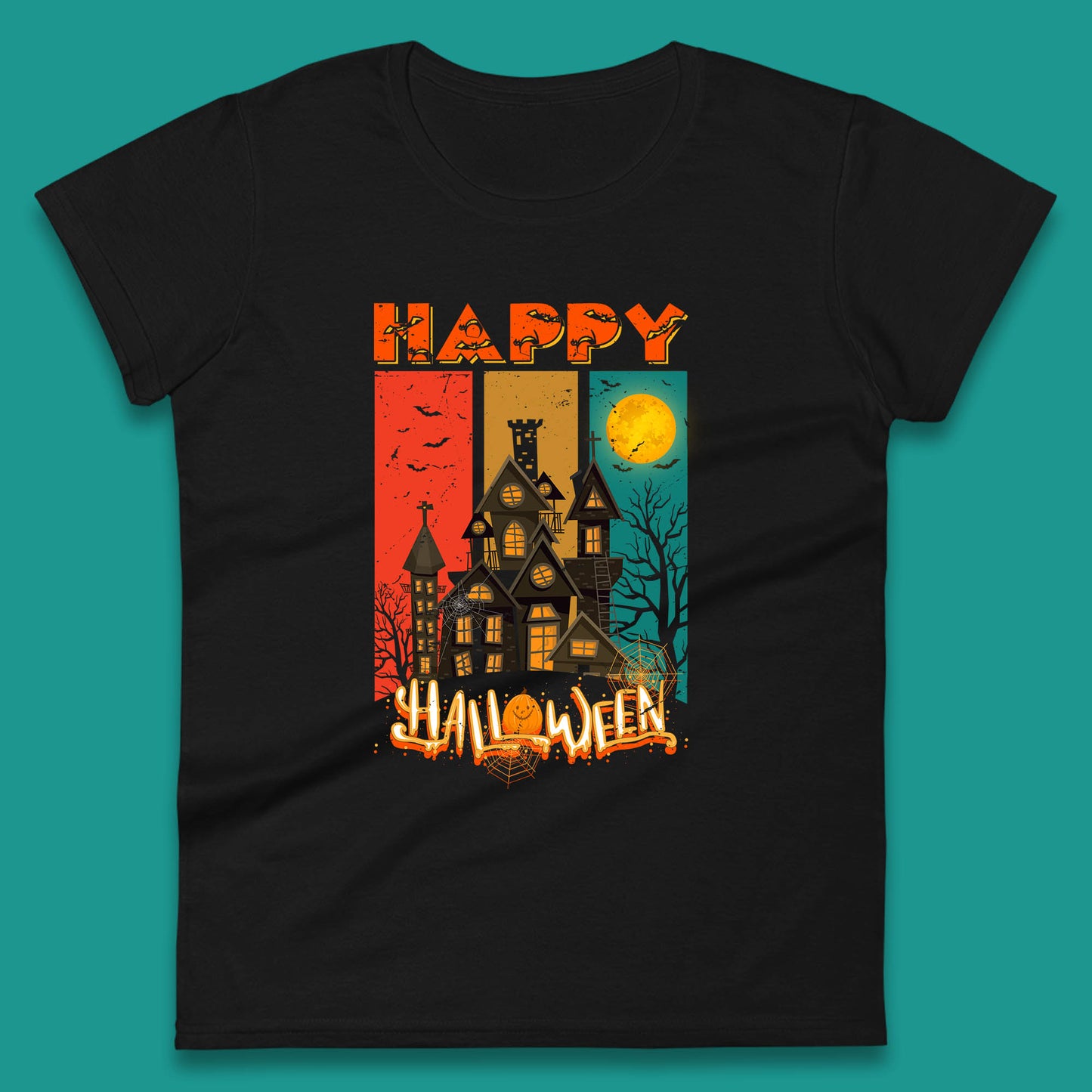 Happy Halloween Vintage Style Horror Scary Haunted House Womens Tee Top