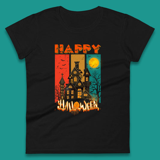 Happy Halloween Vintage Style Horror Scary Haunted House Womens Tee Top