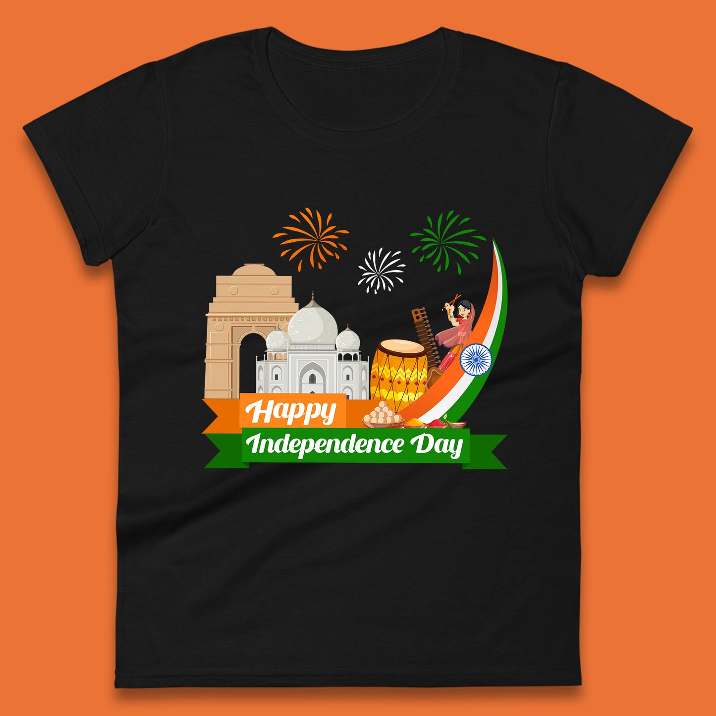 Happy India Independence Day 15th August Patriotic Indian Flag India Architectural Landmarks Womens Tee Top