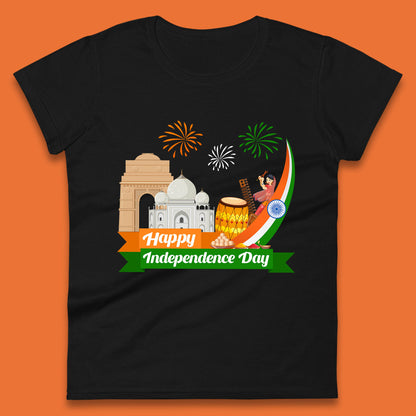 Happy India Independence Day 15th August Patriotic Indian Flag India Architectural Landmarks Womens Tee Top