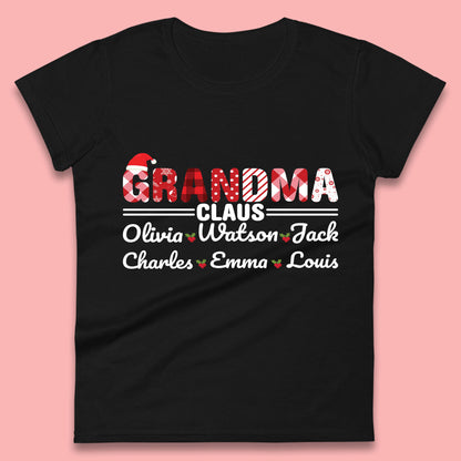 Personalized Grandma Claus Christmas Grandkids Names Santa Hat Xmas Womens Tee Top