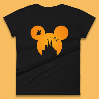 Disney Mickey Mouse Happy Halloween Disney Castle Halloween Scary Boo Flying Bats Womens Tee Top