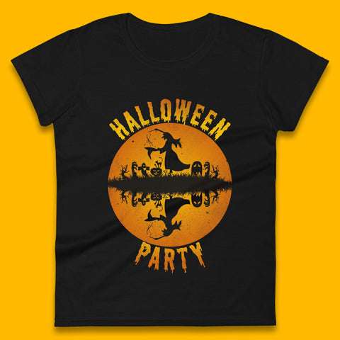 Halloween Party Flying Witch Horror Scary Spooky Season Scary Boo With Full Moon Womens Tee Top