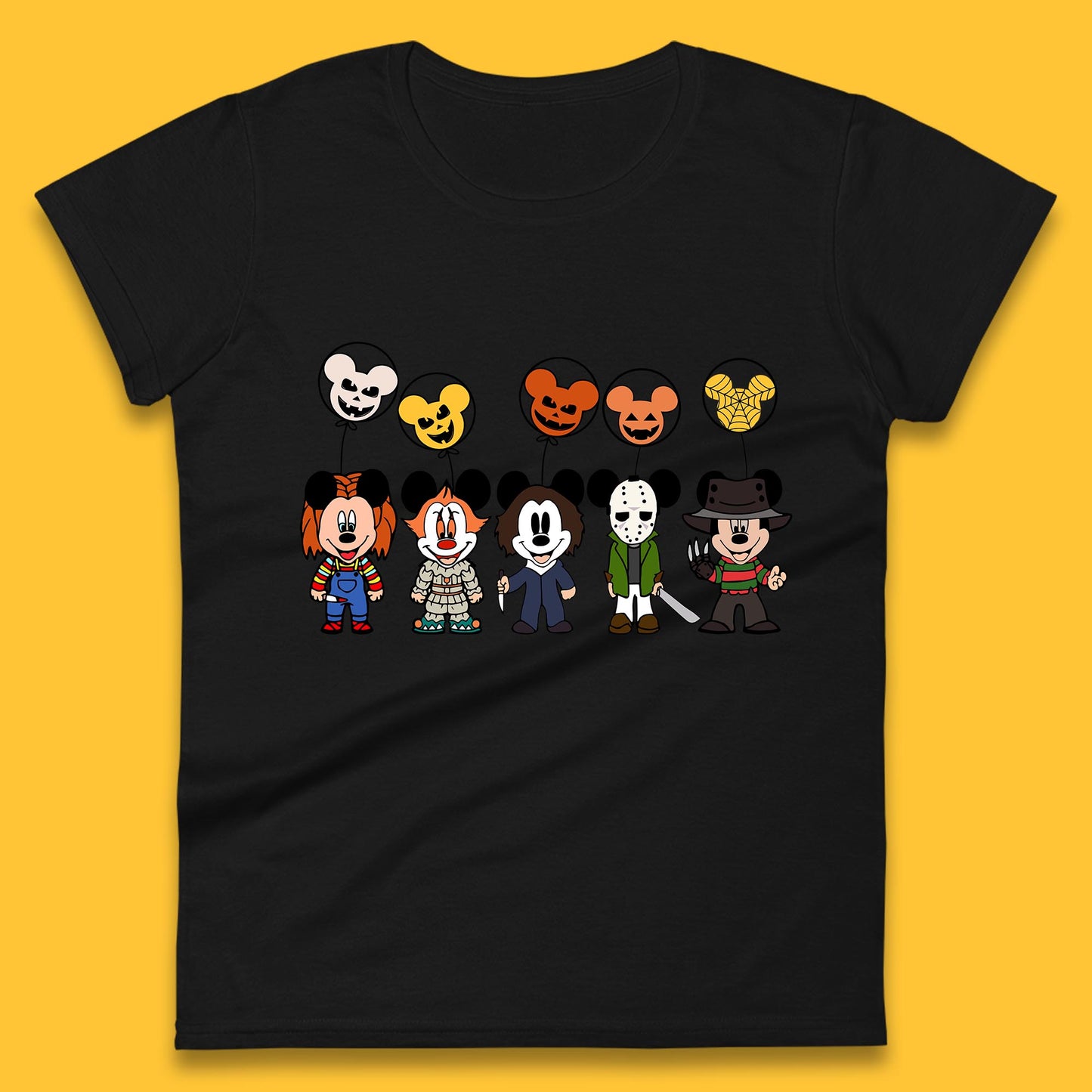 Disney Halloween Friends Horror Movie Characters Mickey Mouse Balloons Womens Tee Top
