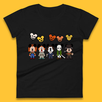 Disney Halloween Friends Horror Movie Characters Mickey Mouse Balloons Womens Tee Top