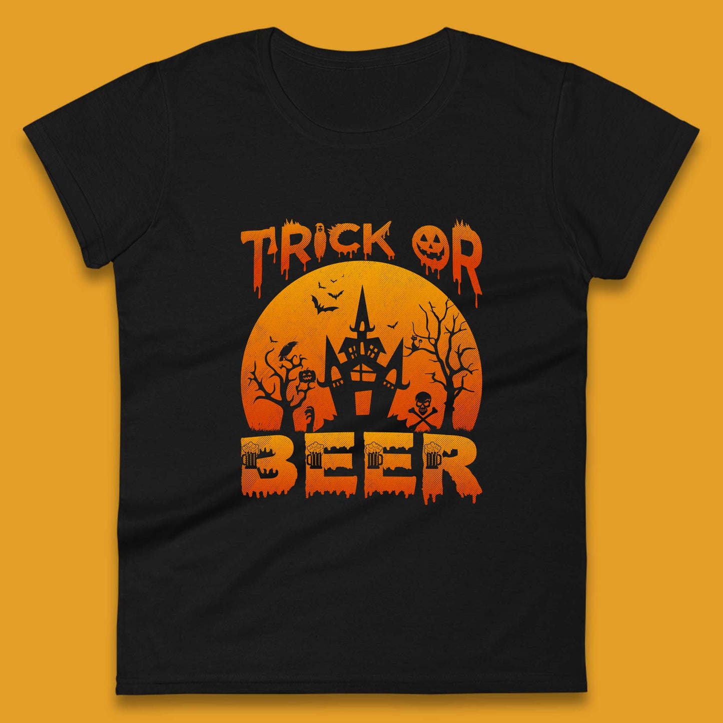 Trick Or Beer Halloween Drinking Beer Lover Horror Haunted House Drinker Halloween Party Womens Tee Top
