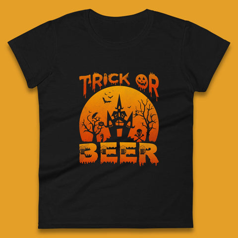 Trick Or Beer Halloween Drinking Beer Lover Horror Haunted House Drinker Halloween Party Womens Tee Top