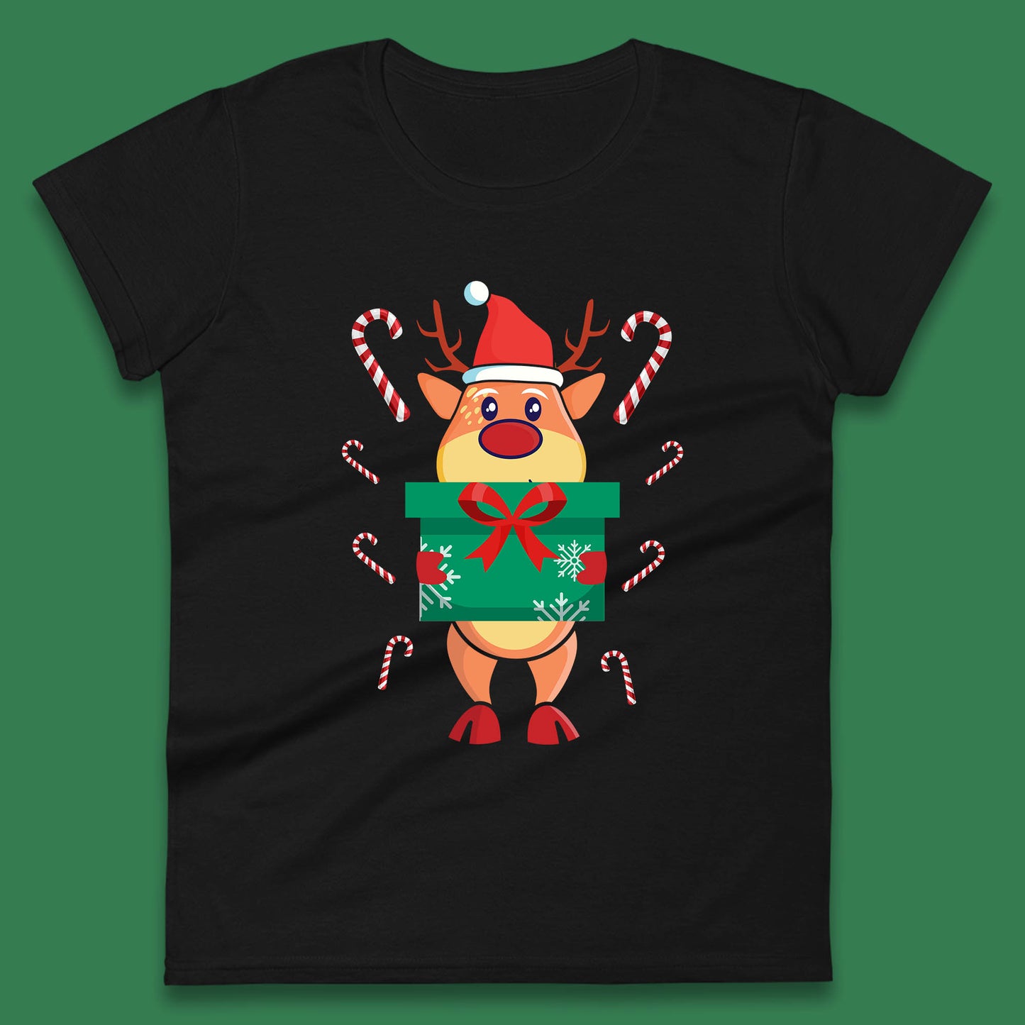reindeer holding gift christmas womens t shirt