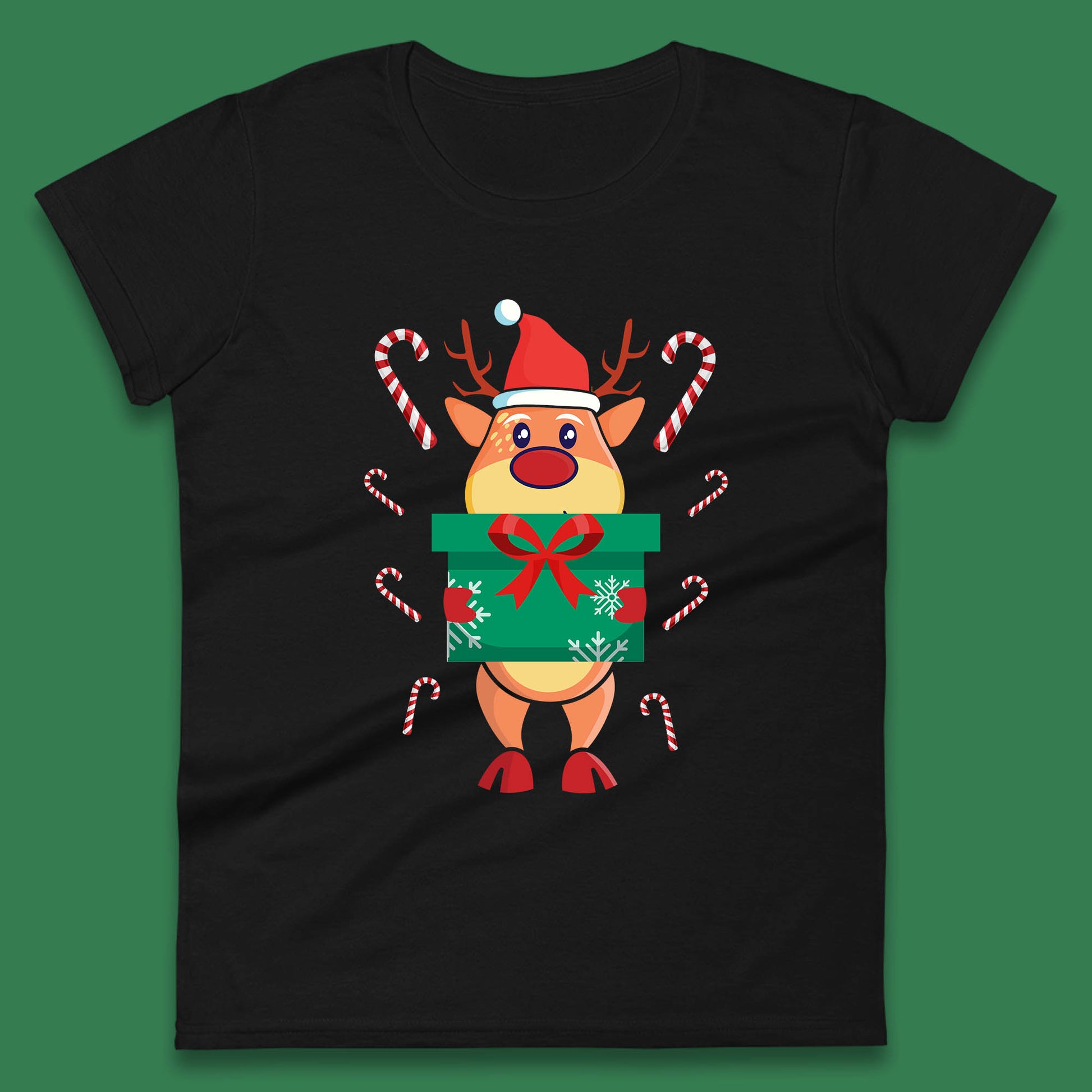 reindeer holding gift christmas womens t shirt