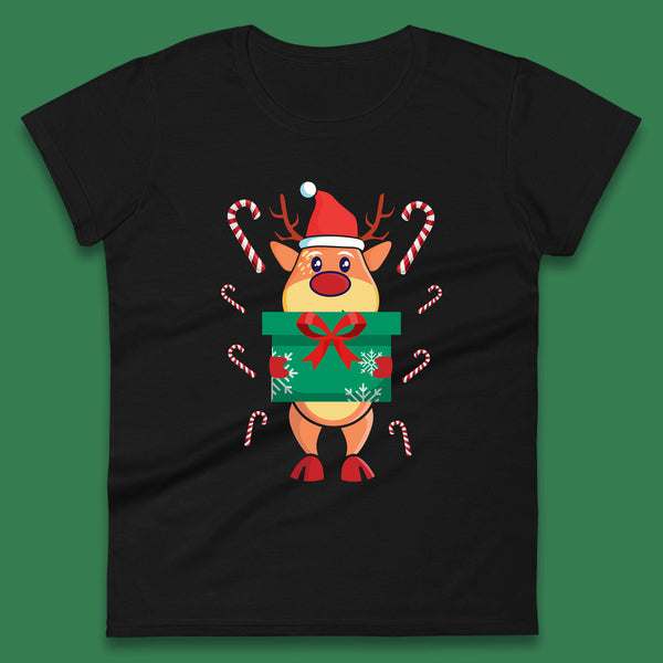 Cute Christmas Santa Reindeer Holding Gift Box Rudolph Xmas Candy Cane Womens Tee Top
