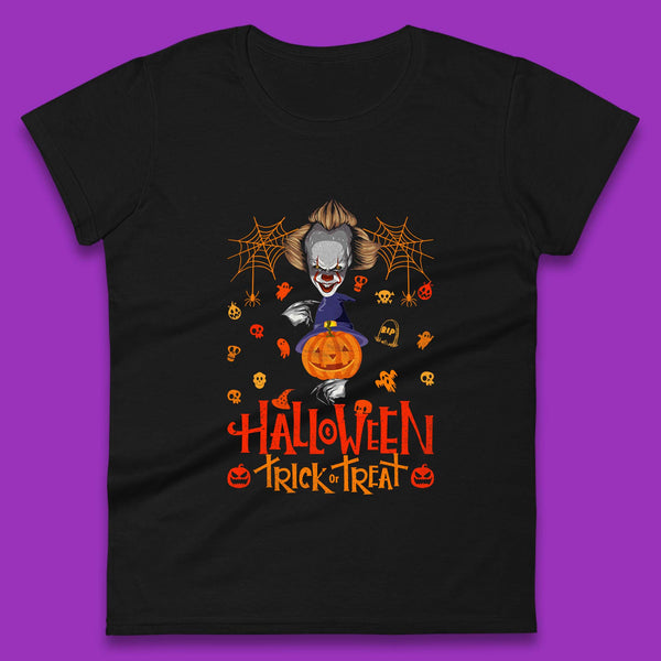 Halloween Trick Or Treat Witch Hat Pumpkin IT Pennywise Clown Horror Scary Movie Fictional Character Womens Tee Top