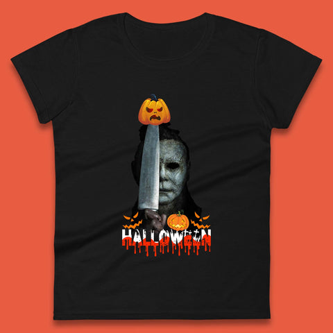 Halloween Michael Myers Holding Knife Pumpkin Horror Movie Character Serial Killer Womens Tee Top