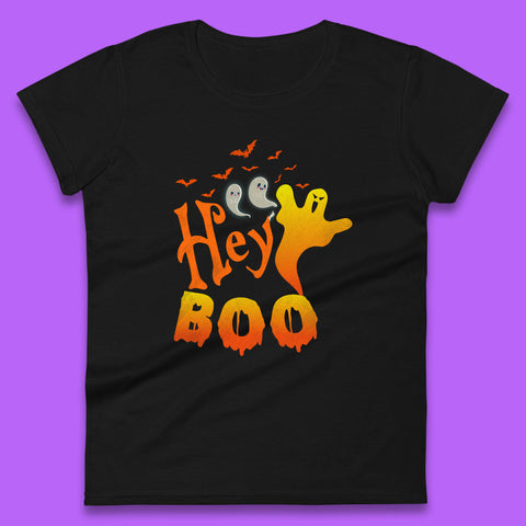 Whispers in the Moonlit Night Hey Boo Horror Scary Costume Halloween Boo Wear Womens Tee Top