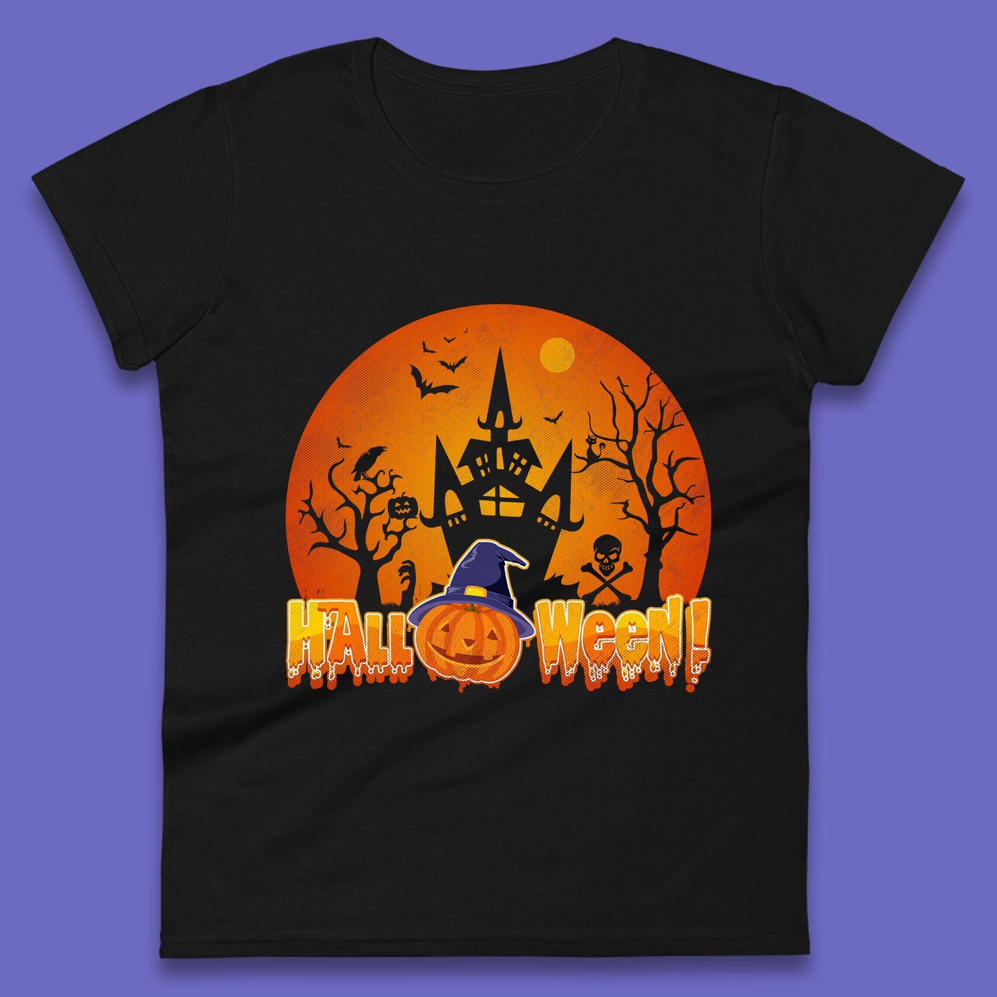 Halloween Pumpkin Witch Hat Haunted Castle Flying Bats Skull Bones Scary Dark Night Womens Tee Top