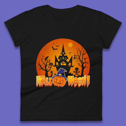 Halloween Pumpkin Witch Hat Haunted Castle Flying Bats Skull Bones Scary Dark Night Womens Tee Top