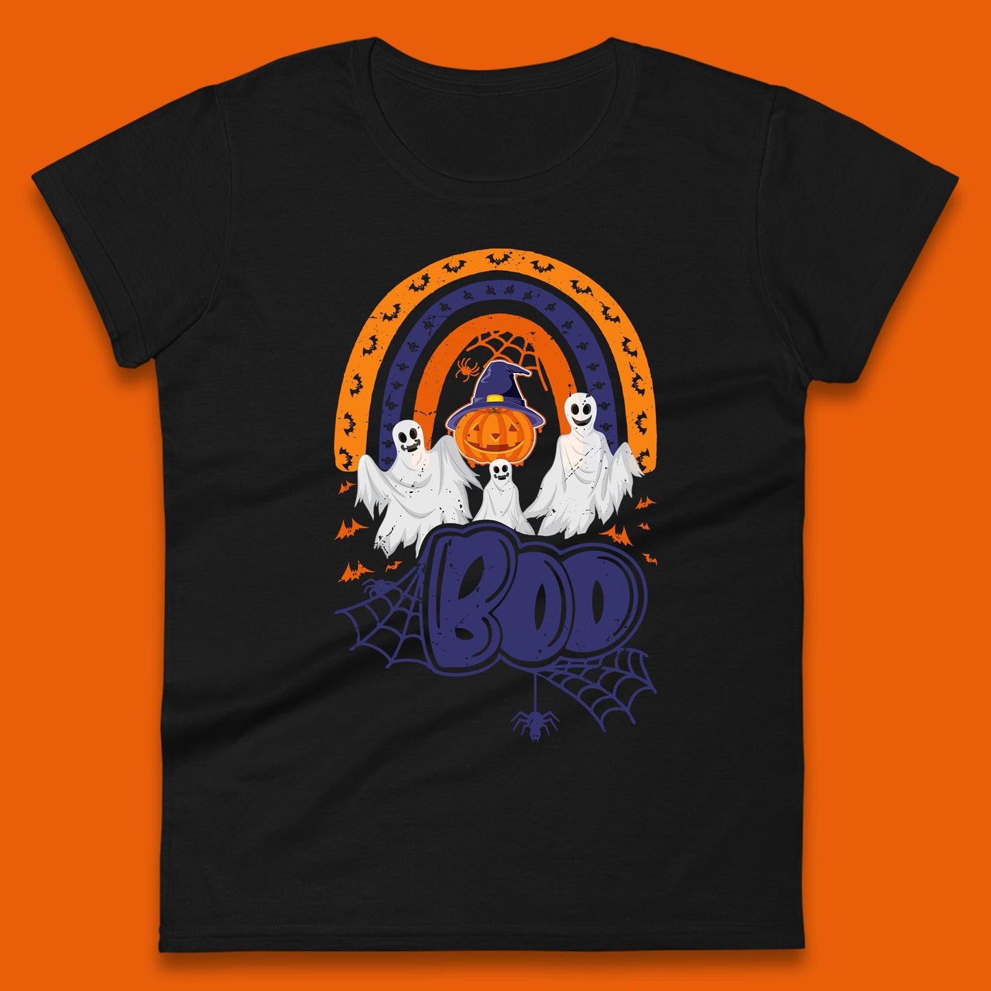Halloween Boo Ghosts With Witch Pumpkin Scary Spooky Season Womens Tee Top