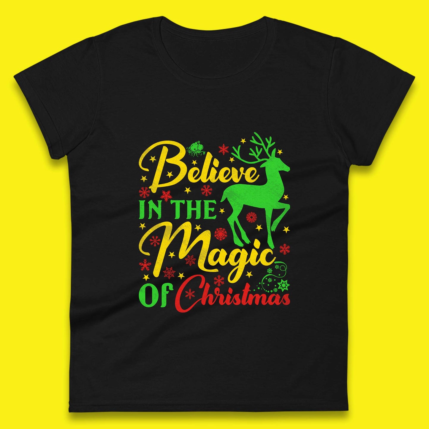 believe in the magic of christmas reindeer womens t shirt