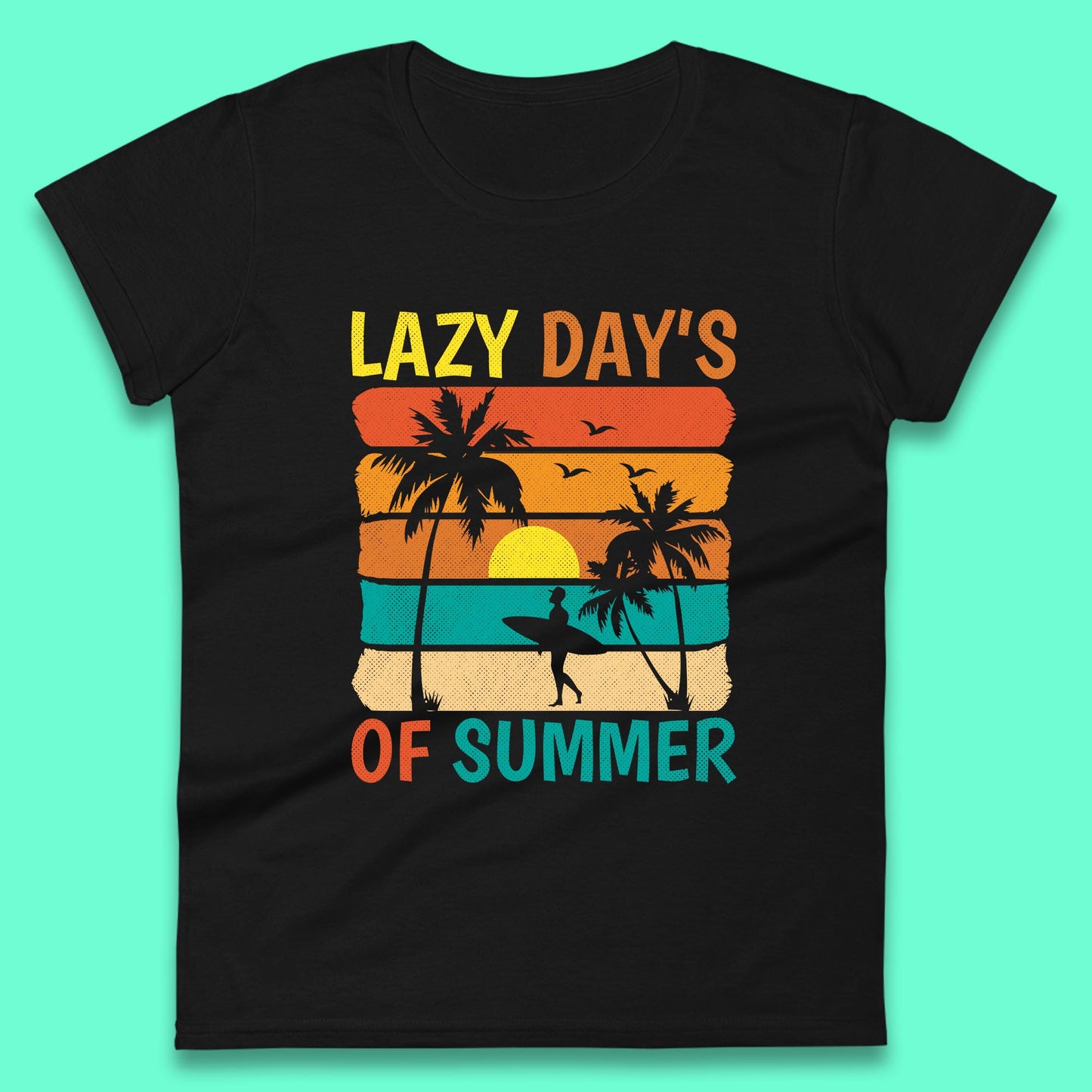 Lazy Days Of Summer Vintage Retro Sunset Surfer Beach Palm Trees Womens Tee Top