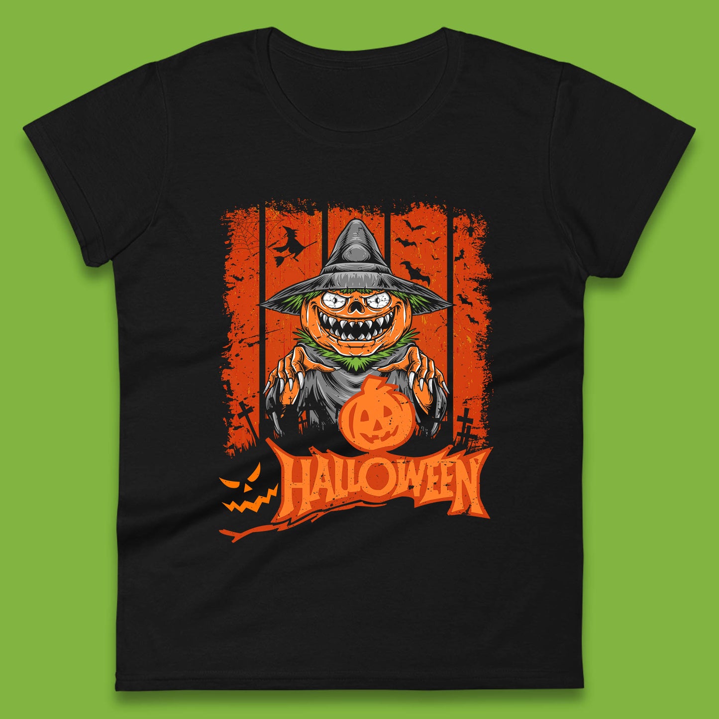 Halloween Pumpkin Head Scarecrow Jack O Lantern Pumpkin Head Horror Scary Vintage Retro Womens Tee Top