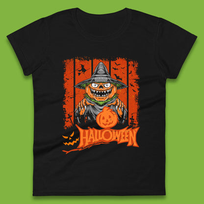 Halloween Pumpkin Head Scarecrow Jack O Lantern Pumpkin Head Horror Scary Vintage Retro Womens Tee Top