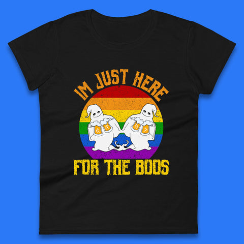 Halloween I Just Here For The Boos Gay Boo Ghosts Drinking Beer LGBTQ Pride Beer Womens Tee Top