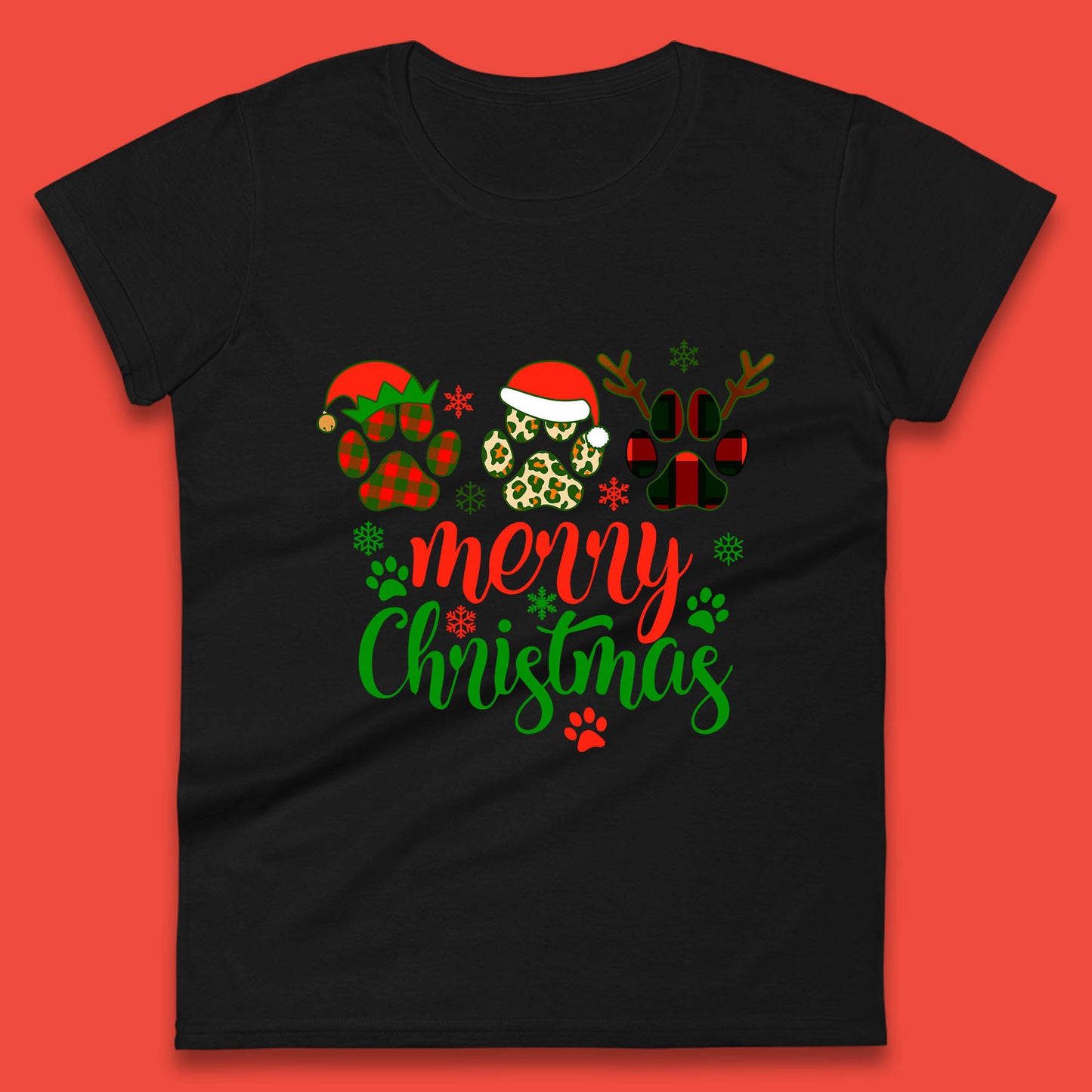 dog & cat paws christmas womens t shirt