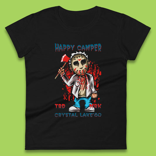 Happy Camper Crystal Lake 1980s Jason Voorhees Vintage Halloween Horror Movie Womens Tee Top