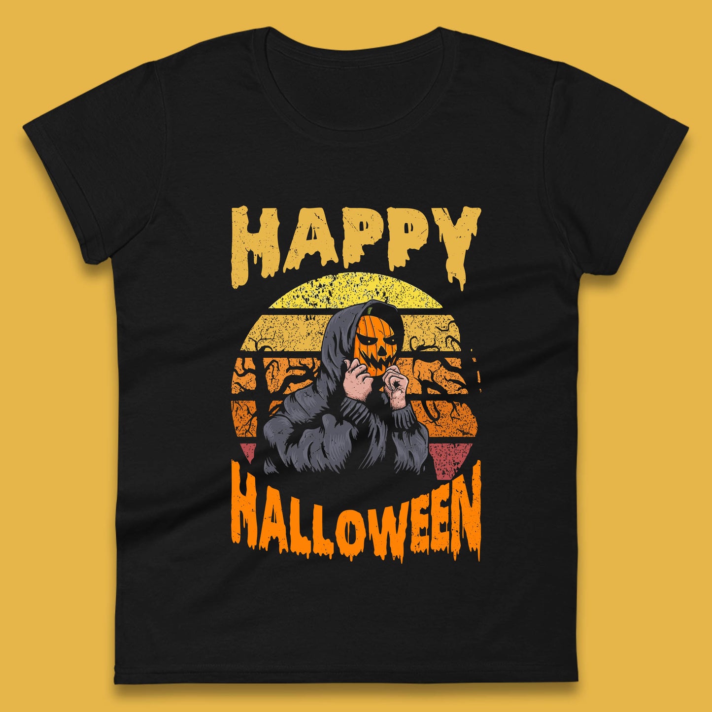 Happy Halloween Jack O Lantern Pumpkin Head Horror Scary Vintage Retro Halloween Womens Tee Top
