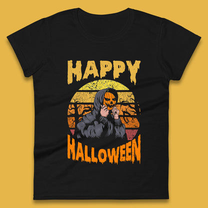 Happy Halloween Jack O Lantern Pumpkin Head Horror Scary Vintage Retro Halloween Womens Tee Top