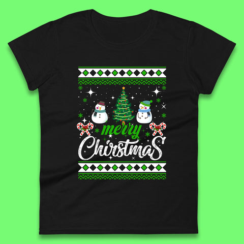 Merry Christmas Snowman Christmas Tree Xmas Winter Holiday Womens Tee Top
