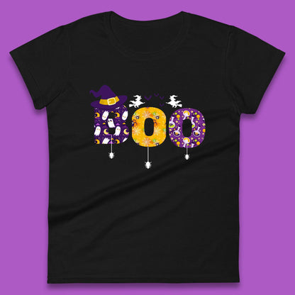 Boo With Spiders And Witch Hat Halloween Boo Ghosts Costume Womens Tee Top