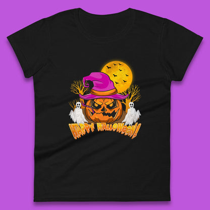 Happy Halloween Pumpkin Witch Hat Jack-o'-lantern With Full Moon Flying Bats Horror Scary Boo Ghost Womens Tee Top