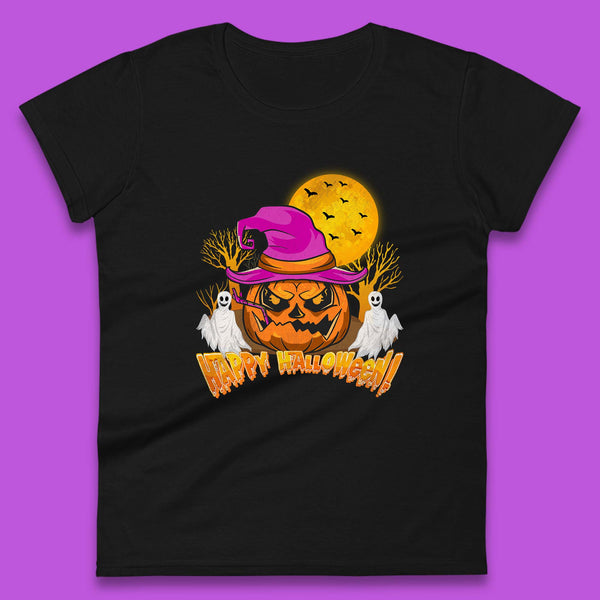 Happy Halloween Pumpkin Witch Hat Jack-o'-lantern With Full Moon Flying Bats Horror Scary Boo Ghost Womens Tee Top