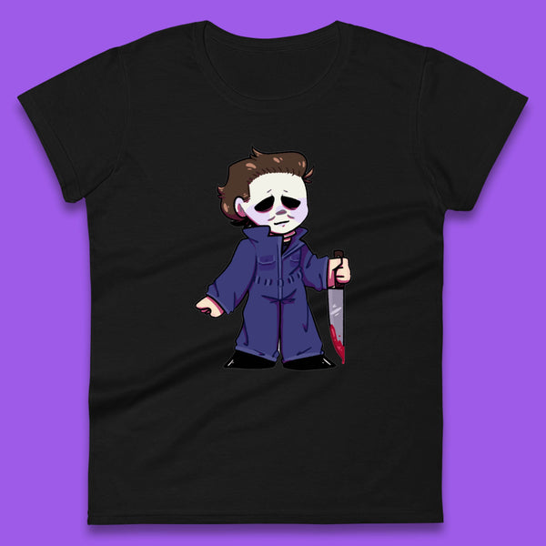 Chibi Michael Myers Holding Bloody Knife Halloween Serial Killer Horror Movie Character Womens Tee Top