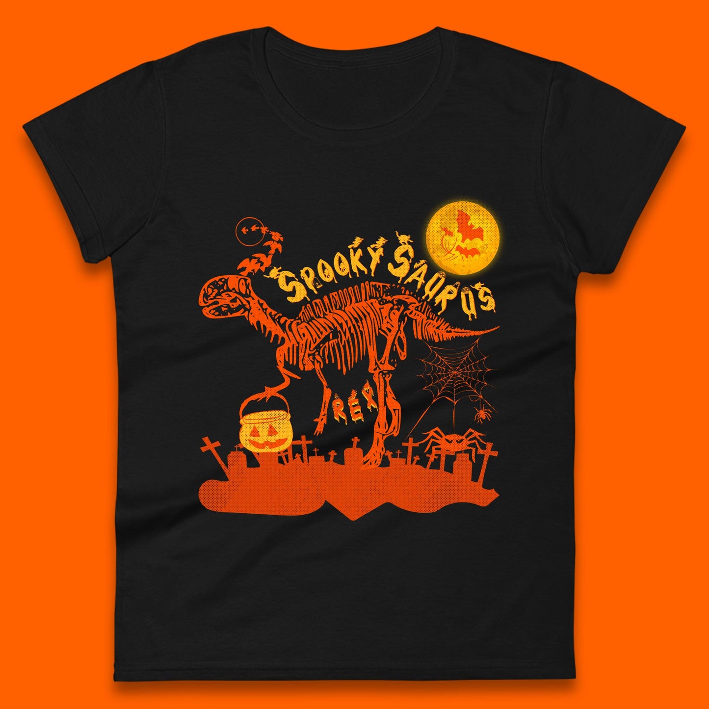 Spooky Saurus Rex Halloween Dinosaur Skeleton T-Rex Scary Pumpkin Womens Tee Top