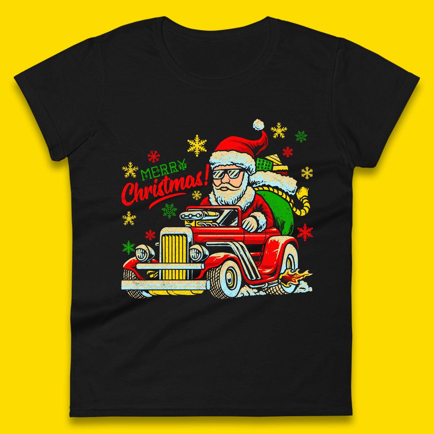 santa drives a hot rod car womens t shirt