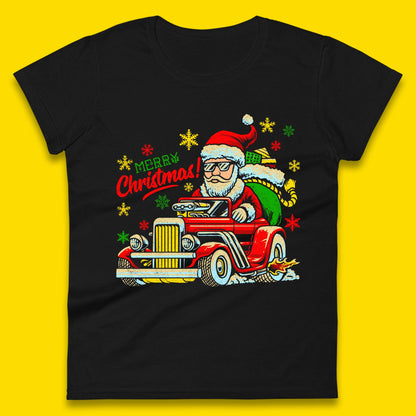 santa drives a hot rod car womens t shirt