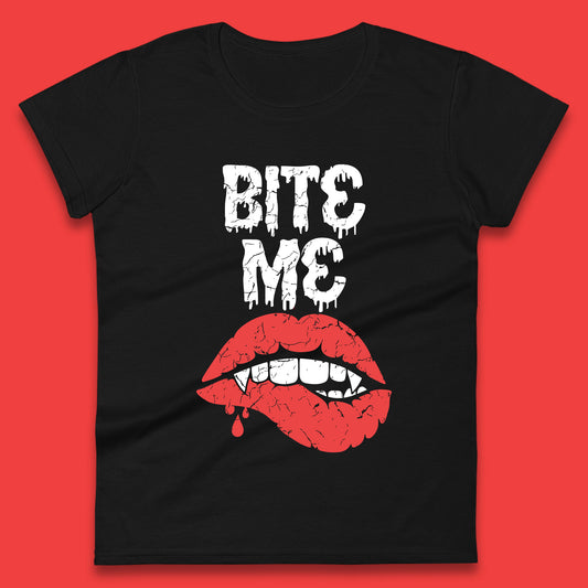 Bite Me Vampire Fangs Halloween Horror Lips Halloween Spooky Party Costume Womens Tee Top