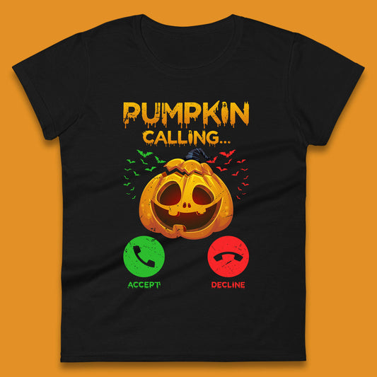 Halloween Pumpkin Calling Funny Phone Call Horror Scary Jack O Lantern Womens Tee Top