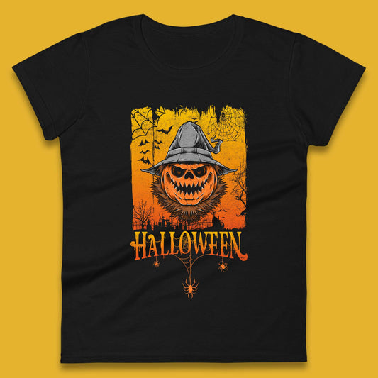 Angry Halloween Scary Evil Pumpkin Funny Pumpkin Head With Fire Eyes Scary Spooky Season Womens Tee Top