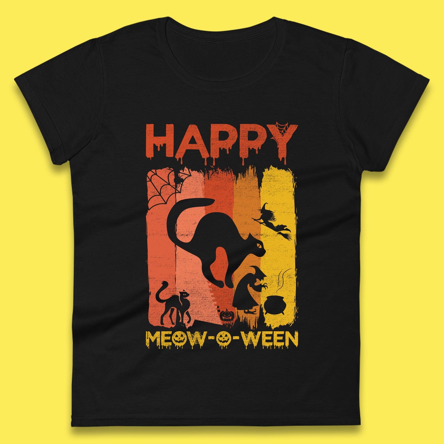 Happy Meow-O-ween Funny Halloween Black Cat Scary Spooky Womens Tee Top
