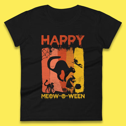 Happy Meow-O-ween Funny Halloween Black Cat Scary Spooky Womens Tee Top