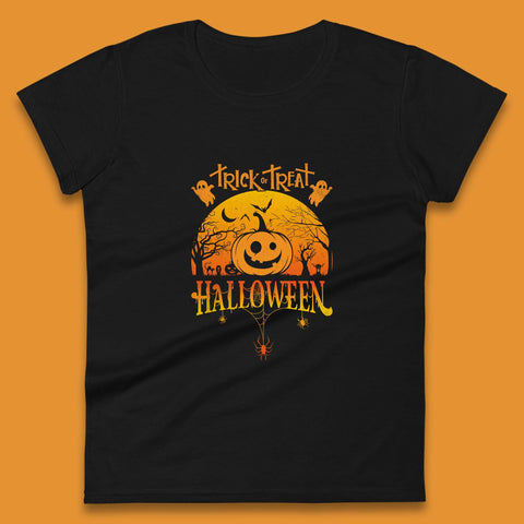 Trick Or Treat Halloween Pumpkin Haunted Trees Scary Spooky Season Womens Tee Top