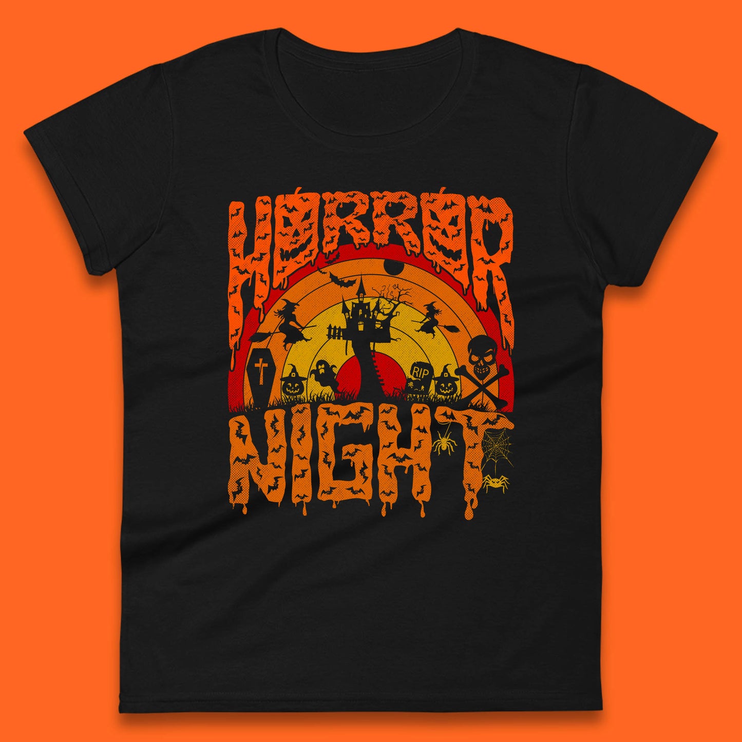 Halloween Horror Night Vintage Rainbow Flying witches Scary Boo Spooky Festive Night Womens Tee Top