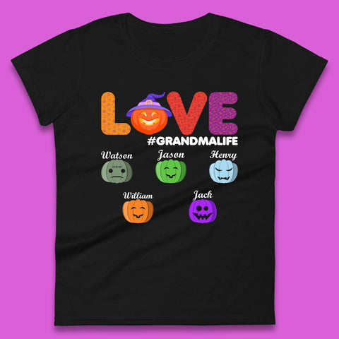 Personalised Love Grandma Life Your Name Halloween Grandma Witch Hat With Grandkids Names Womens Tee Top