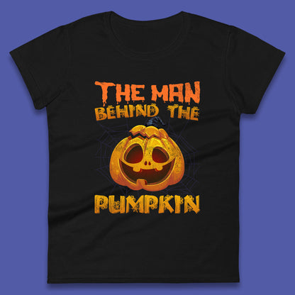 The Man Behind The Pumpkin Halloween Pregnancy Baby Announcement New Dad Gift Womens Tee Top
