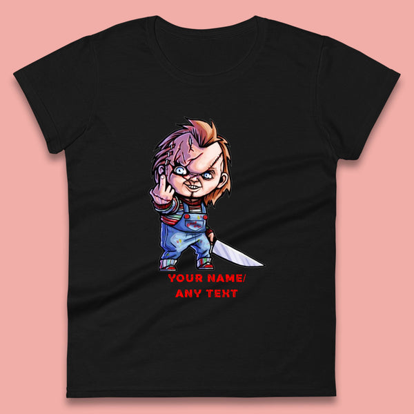 Personalised Chucky With Knife Your Name Or Text Halloween Horror Movie Character Womens Tee Top