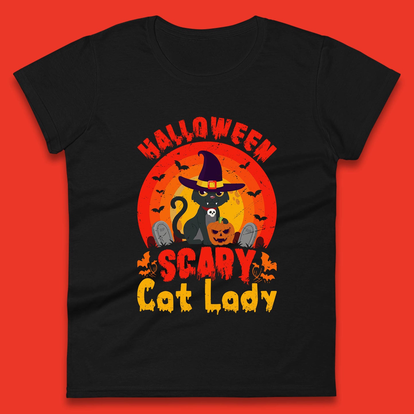 Halloween Scary Cat Lady Horror Spooky Witch Black Cat Lover Womens Tee Top